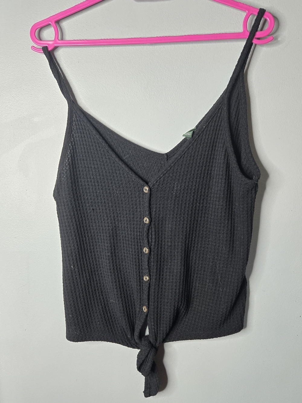 Black Waffle Knit Button Front Tie Hem Cami Tank Top | Women's Large